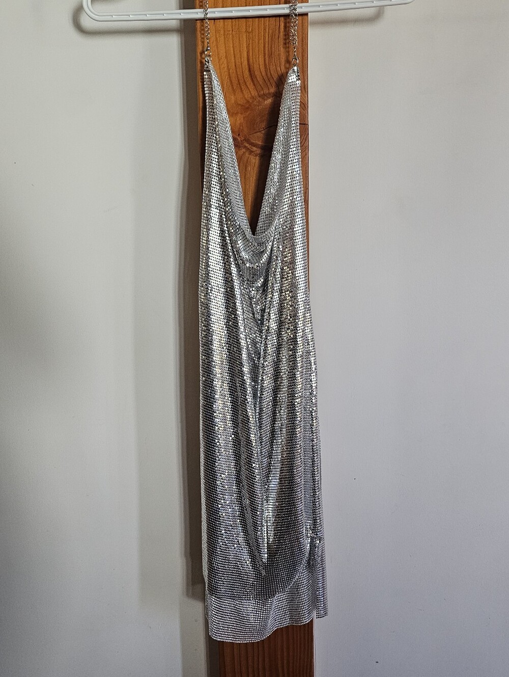Y2K Silver Metallic Chainmail Halter Top – Backless Cowl Neck
